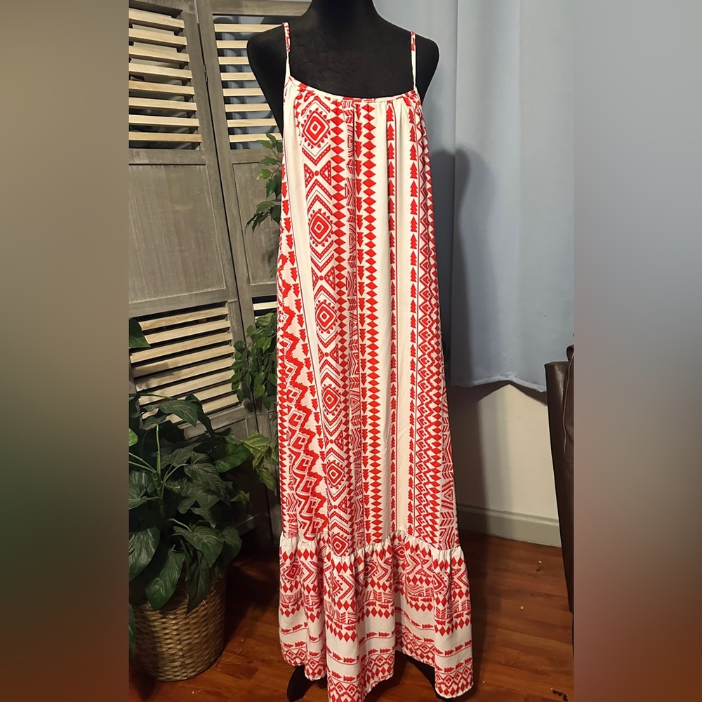 Red and White Geometric Maxi Dress